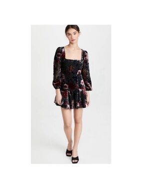 Yumi Kim Black Velvet Floral Square-Neck Mini Dress